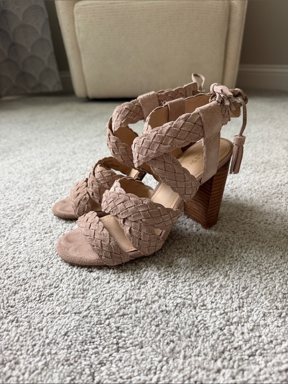 BCBGeneration Braided Suede Block Heel Sandals in Taupe